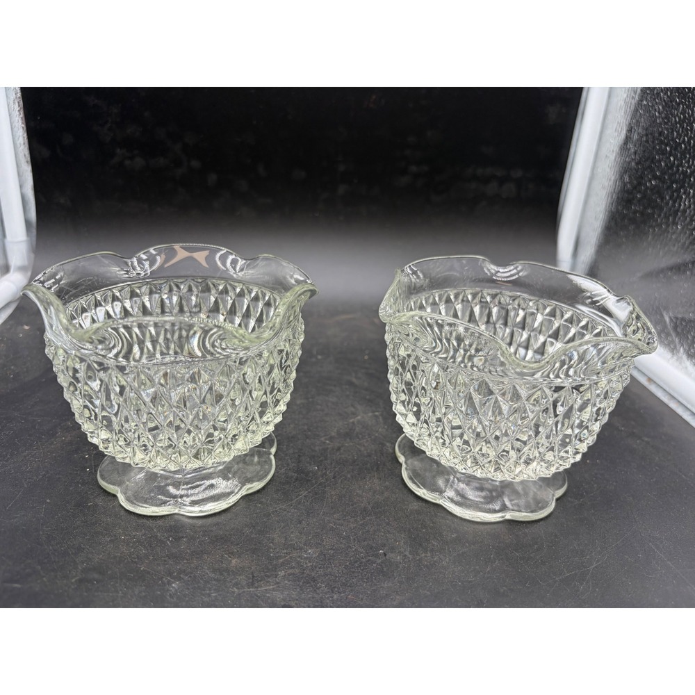 Vintage Clear Pressed Glass Diamond Point Footed Bowls‎ Ruffled Rim Set of 2